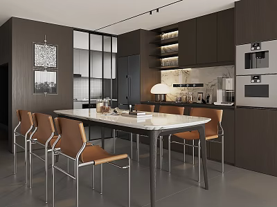 Modern Restaurant Interior Design With Dining Table Chairs Open Kitchen Dark Cabinets And Pendant Light 3d model