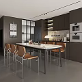 Modern Restaurant Interior Design With Dining Table Chairs Open Kitchen Dark Cabinets And Pendant Light