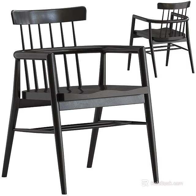 Modern Black Wooden Stool With Backrest And Minimalist Leg Structure Design 3d model 