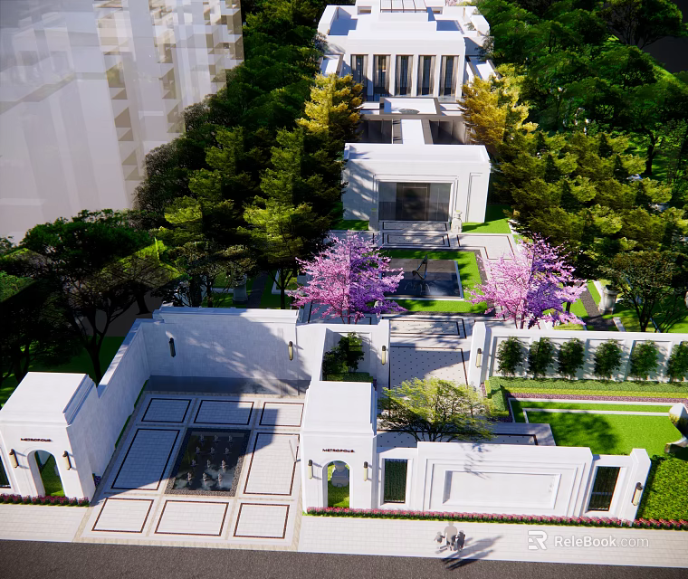 Modern Sales Office Building with White Exterior Surrounded by Lush Greenery and Trees 3d model 