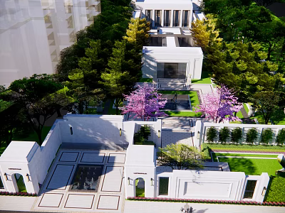 Modern Sales Office Building with White Exterior Surrounded by Lush Greenery and Trees 3d model