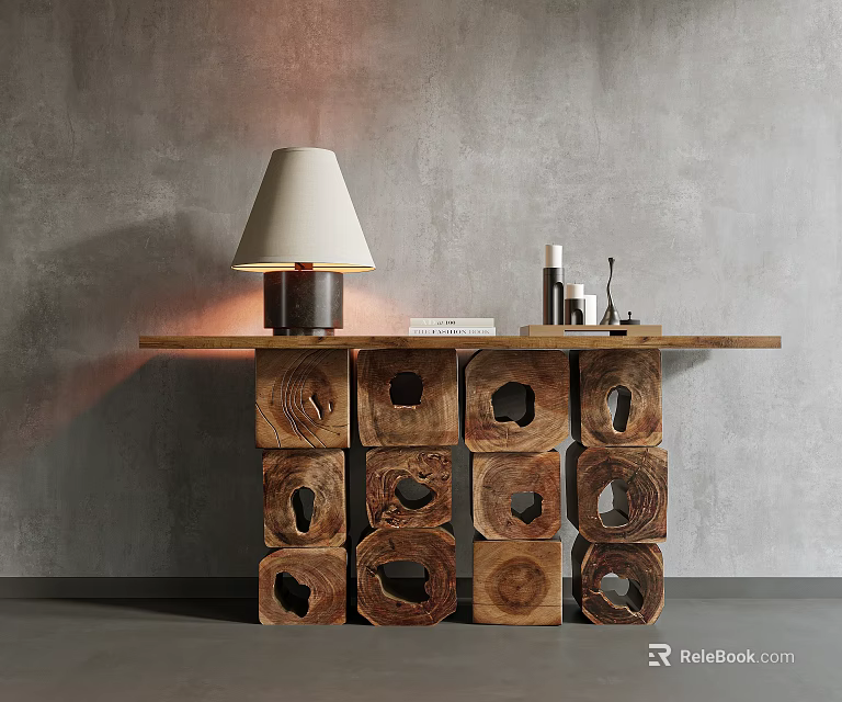 Wooden Stump Console Table With Table Lamp And Decorative Items On Gray Wall 3d model 