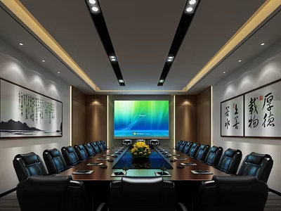 Modern Conference Room Interior With Long Table Black Chairs Large Screen And Calligraphy Artworks 3d model