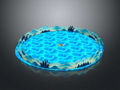 Circular Sculpture Design With Blue Water Waves Trees And Small Boat 3d model