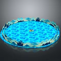 Circular Sculpture Design With Blue Water Waves Trees And Small Boat