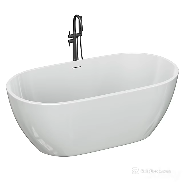 White Freestanding Oval Bathtub With Black Wall Mounted Faucet Modern Design 3d model 