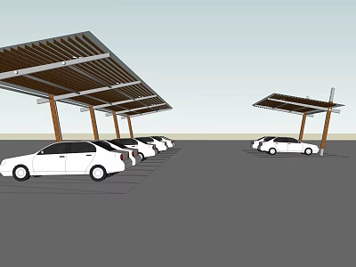 Wooden Sloped Roof Garden Shelter Structure in Parking Lot with White Cars 3d model