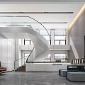 Modern Service Hall Interior With Spiral Staircase Reception Desk And Large Screen