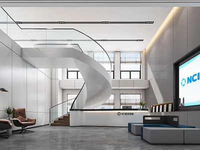 Modern Service Hall Interior With Spiral Staircase Reception Desk And Large Screen 3d model