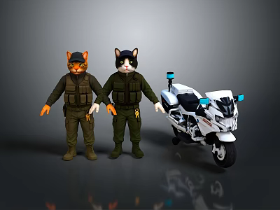 Two Cat Figures Wearing Green Military Uniforms Standing Next To White Motorcycle 3d model