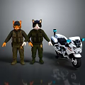 Two Cat Figures Wearing Green Military Uniforms Standing Next To White Motorcycle