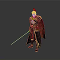Man in Ancient Golden Decorated Armor With Red Cape Holding Long Sword and Topknot