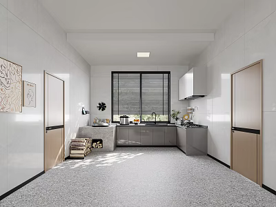 Modern Kitchen Interior With White Walls Gray Cabinets Window Blinds And Terrazzo Floor 3d model