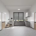 Modern Kitchen Interior With White Walls Gray Cabinets Window Blinds And Terrazzo Floor