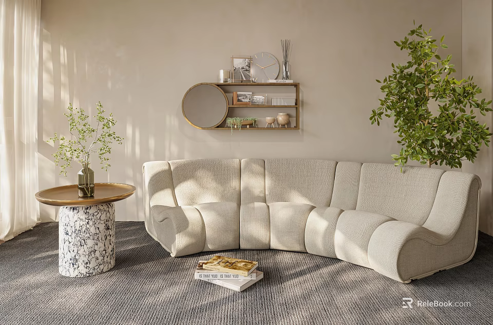 Beige Curved Sectional Sofa With Round Side Table Green Plant Decorative Shelf And Books 3d model 