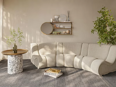 Beige Curved Sectional Sofa With Round Side Table Green Plant Decorative Shelf And Books 3d model