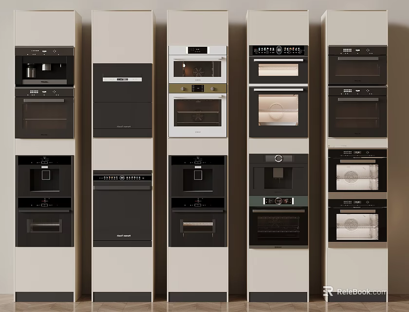 Modern Embedded Kitchen Appliances With Various Ovens And Microwaves In Cabinets 3d model 