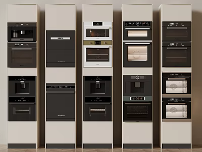 Modern Embedded Kitchen Appliances With Various Ovens And Microwaves In Cabinets 3d model