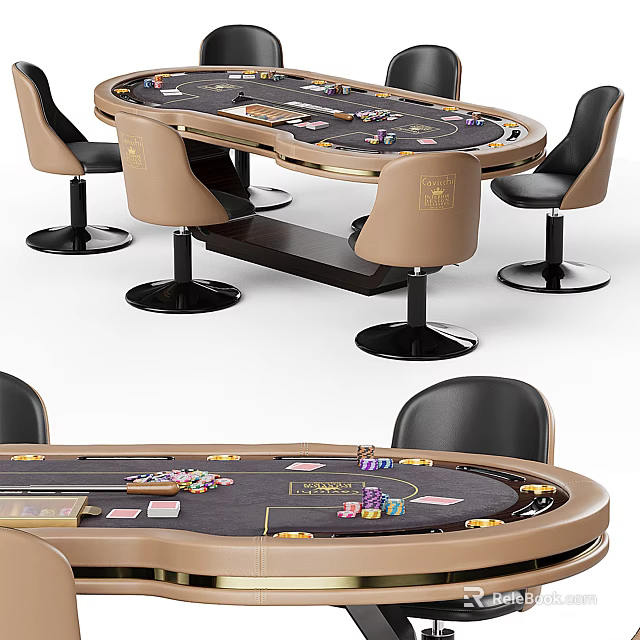 Elegant Modern Poker Table With Chips Playing Cards And Beige Black Chairs 3d model 