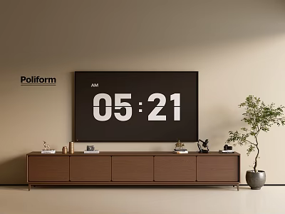 Modern Wooden TV Stand Interior With Decorative Items And Potted Plant 3d model
