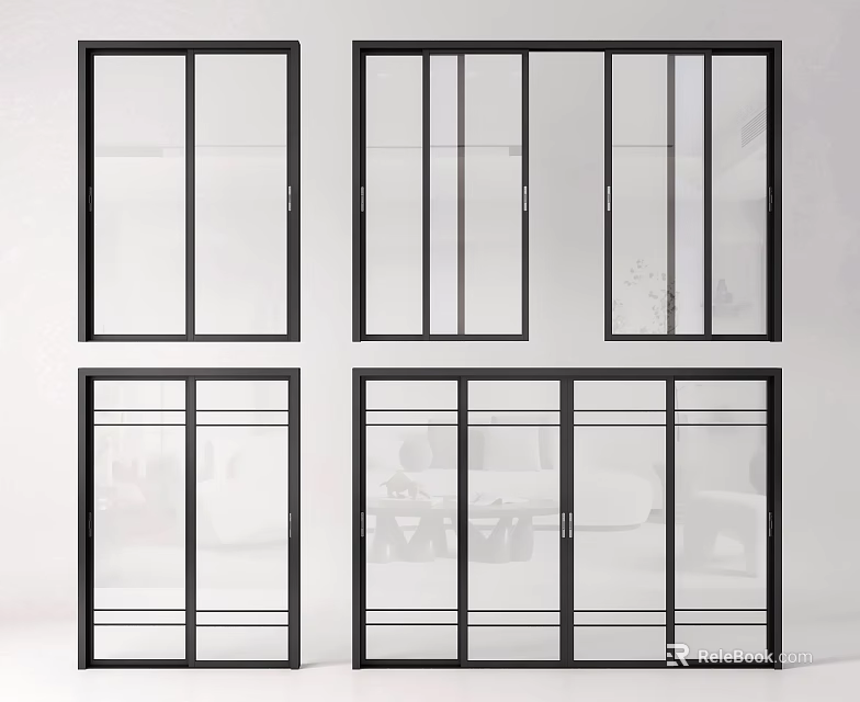 Modern Sliding Doors With Black Frames And Glass Panel Designs 3d model