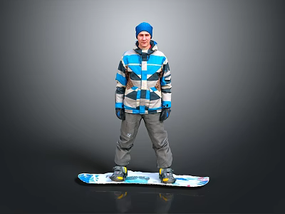 Man Wearing Blue And Gray Jacket With Blue Beanie And Gloves Standing On Snowboard 3d model