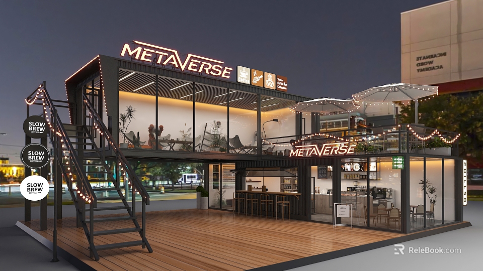 Modern Metaverse Commercial Street With Neon Signs Open Air Deck Night View And Outdoor Seating 3d model 