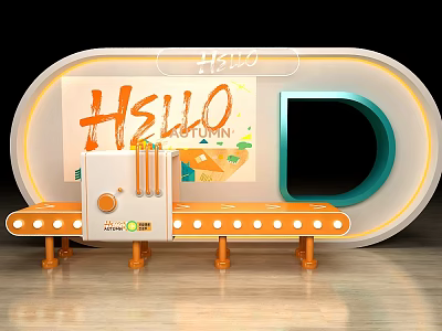 Modern Display Shelves With Curved Structure Neon Lights Orange Blue Counter And Autumn Decor 3d model