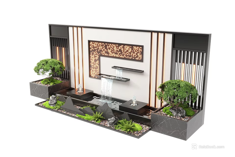 Contemporary Landscape Feature Wall With Waterfall Green Plants Stone Decor And Strip Lighting 3d model 