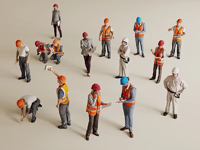 Group of Miniature Construction Worker Figures in Various Work Poses With Safety Gear 3d model