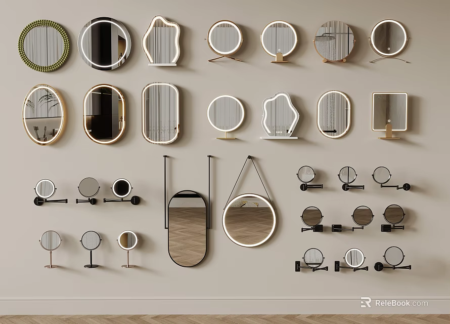 Mirrors in Various Shapes and Designs Arranged on Light Colored Wall 3d model 