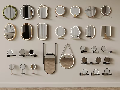 Mirrors in Various Shapes and Designs Arranged on Light Colored Wall 3d model