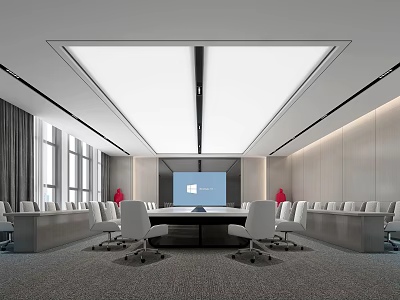 Modern Conference Room With Long Table White Chairs Large Screen And Windows 3d model