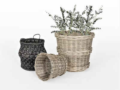 Wicker Storage Baskets with Plants for Home Organizing and Decor 3d model