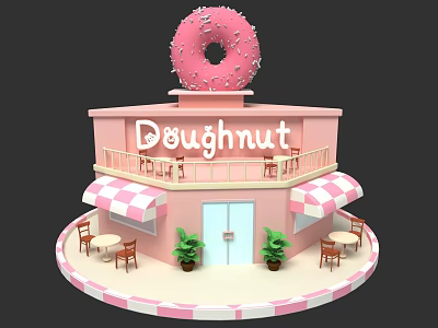 Cartoon Scene Pink Doughnut Shop With Large Doughnut On Top Balcony Tables And Green Plants 3d model