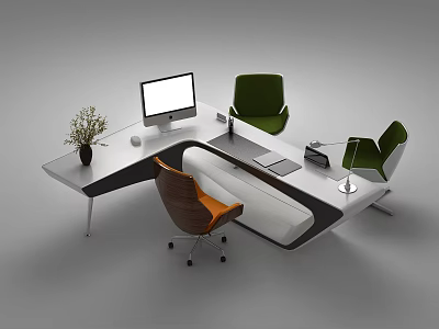 Modern Office Desk With White Surface Three Chairs Computer Monitor Potted Plant And Lamp 3d model