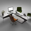 Modern Office Desk With White Surface Three Chairs Computer Monitor Potted Plant And Lamp
