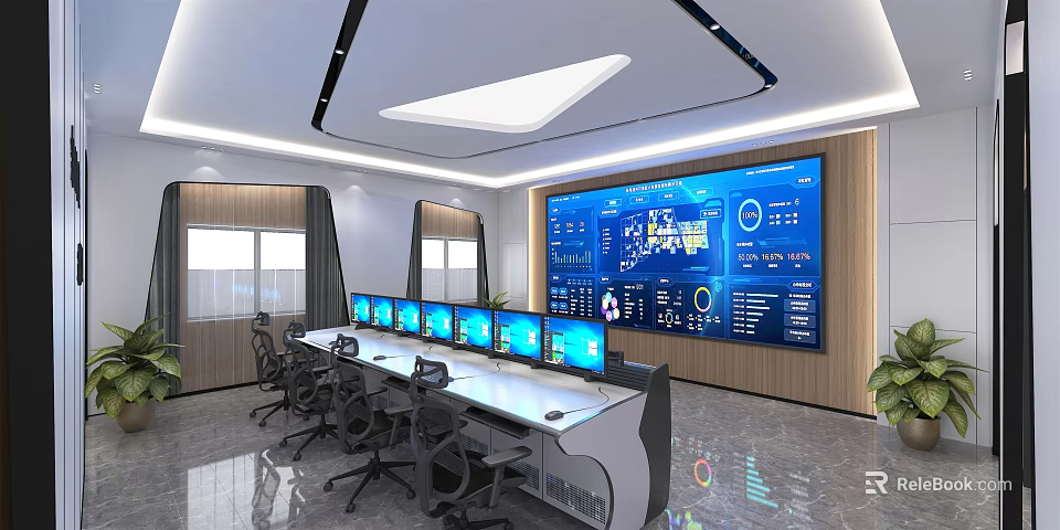 Modern Monitoring Room Featuring Multiple Monitors Control Desk And Large Display Screen 3d model 