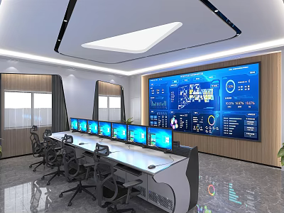Modern Monitoring Room Featuring Multiple Monitors Control Desk And Large Display Screen 3d model