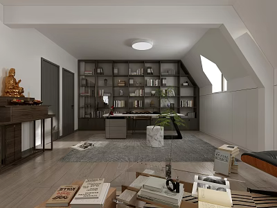 Duplex Living Room Interior With Built-in Bookshelves Writing Desk Area Rug And Skylight Window 3d model