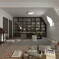 Duplex Living Room Interior With Built-in Bookshelves Writing Desk Area Rug And Skylight Window