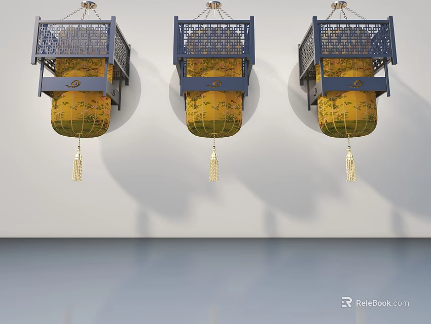 Elegant Swing Door Decor With Blue Frame Yellow Pattern And Tassel Design 3d model 