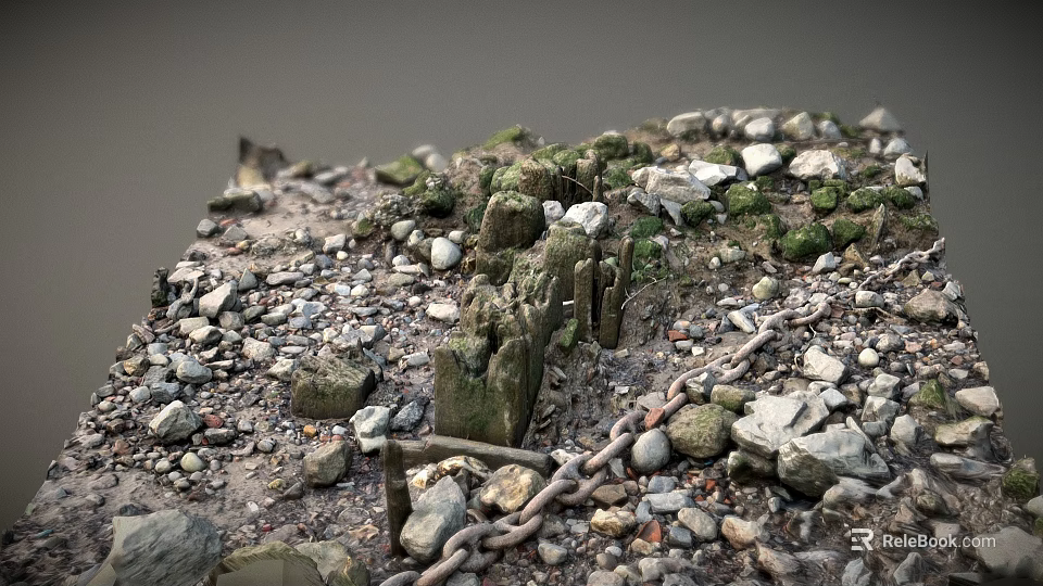 Rugged Rocky Terrain With Scattered Pebbles Green Vegetation Wooden Stakes And Chain 3d model 
