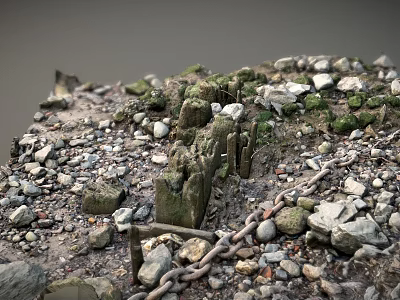Rugged Rocky Terrain With Scattered Pebbles Green Vegetation Wooden Stakes And Chain 3d model