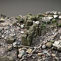 Rugged Rocky Terrain With Scattered Pebbles Green Vegetation Wooden Stakes And Chain