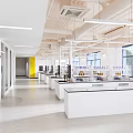 Modern Laboratory Interior With Spacious Area White Workbenches And Large Windows 3d model