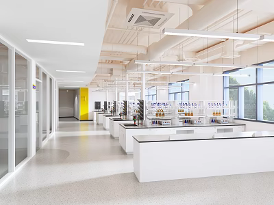Modern Laboratory Interior With Spacious Area White Workbenches And Large Windows 3d model