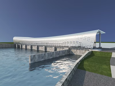 Unique Curved White Bridge Structure Over Calm Water With Green Grass And Blue Sky 3d model