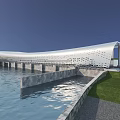 Unique Curved White Bridge Structure Over Calm Water With Green Grass And Blue Sky