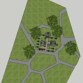 Rural Landscape Featuring Glass Greenhouses Vegetable Gardens Pathways and Trees